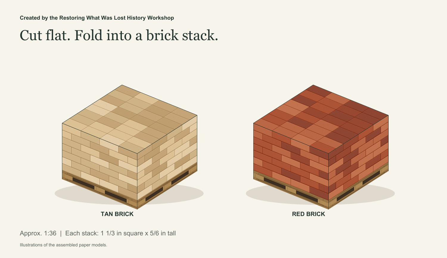 Illustrations of tan and red assembled paper brick stacks, each 1⅓ inches square